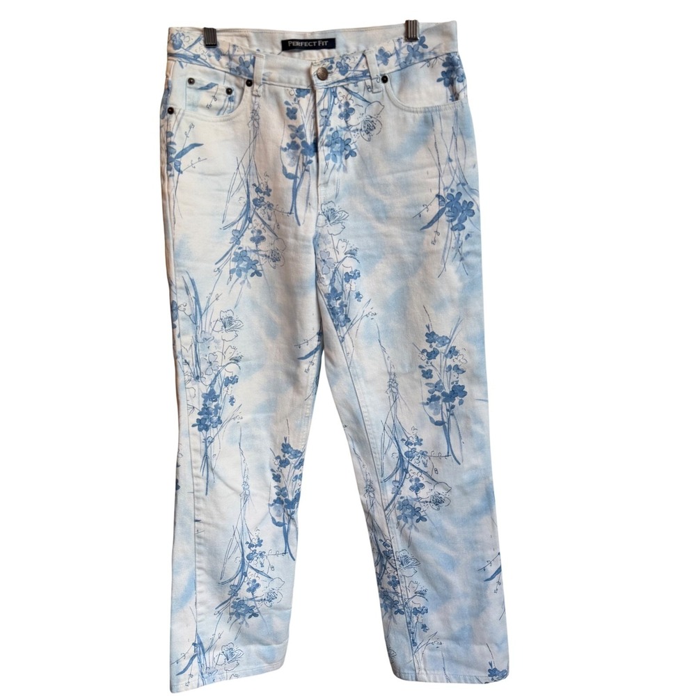 Bill Blass Floral Print Jeans Women 6 Blue White High Rise Cottage Coastal
